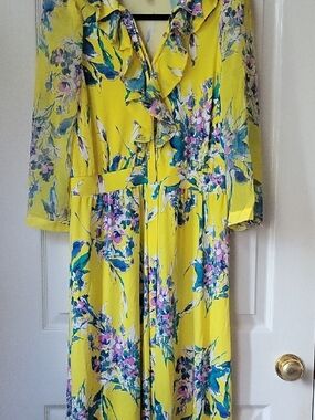 Christian Siriano Yellow Floral Ruffle-Front Maxi Dress